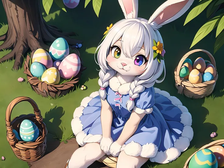 ((1girl)), cute, ((bunny)), closed mouth, ((easter)), whole body, solo, (furry:0.8), (paws:1.2), ((cute dress)), dress decorations, (dense forest, stumps, painted easter eggs:1.3), ((white fur)), (white hair), hair decoration, detailed face, detailed eyes, (heterochromia), (detailed fur texture:1.3), (bunny tail), ((braided hair)), hair between eyes,  ((Sitting on tree stump)), ((easter eggs everywhere)), ((wooden basket full of eggs)), shot from above, (detailed hand:1.0), realistic fur, details down to every fluff, big eyes, highly details, extremely detailed, foreboding colors, depth of field, 22mm, 8k, hdr,