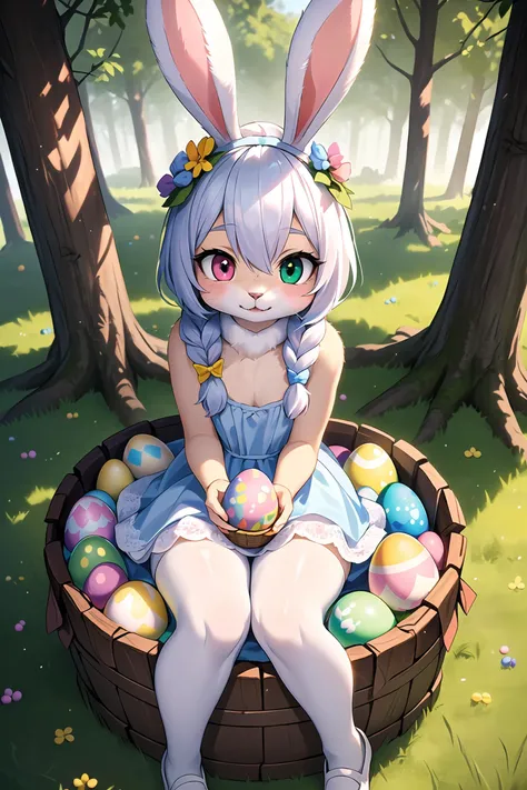 1girl, cute, ((bunny)), ((easter)), whole body, solo, cute colorful dress, (dense forest, stumps, painted easter eggs:1.3), ((white fur)), (white hair), detailed face, detailed eyes, (heterochromia, one green eye and one pink eye), (detailed fur texture:1.3), (bunny tail), ((braided hair)), hair between eyes, ((Sitting on tree stump)), ((easter eggs everywhere)), ((wooden basket full of eggs)), shot from above, (detailed hand:1.0), realistic fur, details down to every fluff, big eyes, highly details, extremely detailed, foreboding colors, depth of field, 22mm, 8k, hdr, volumetric fog,