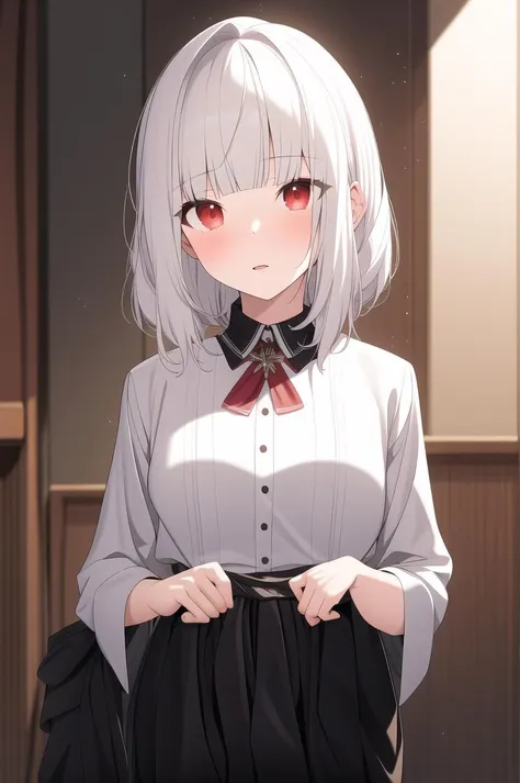 best quality, 1girl, masterpiece, white hair, red eyes, blunt bangs