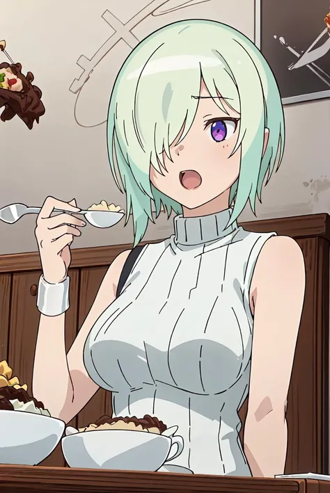 (extremely detailed CG unity 8k wallpaper), (masterpiece), (best quality), (ultra-detailed), (best illustration), (best shadow), (absurdres), <lora:druj-11:0.7>, druj, 1girl, solo, purple eyes, green hair, hair over one eye, spoon, short hair, food, pudding, sweater, holding spoon, sleeveless, turtleneck, holding, open mouth, ribbed sweater