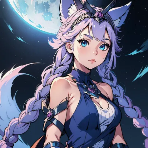 1girl, Portrait, IO, IODRE, blue eyes, large braid, wolf ears, wolf tail above buttocks, light purple hair, facial mark, twin braids, <lora:Io:0.7>, blue dress ,detached sleeves, bare shoulders, clothing cutout , blue boots, pink panties, tiara, Cosmos, Moon