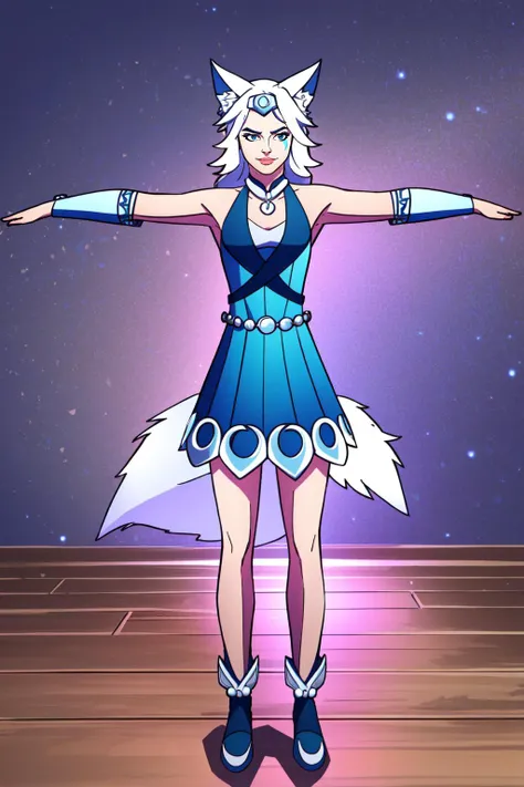 (masterpiece, best quality), intricate details,
1girl, <lora:Io:0.8> Io, IoDre, white hair, wolf ears, face paint,
<lora:TPose:0.8> TPose, outstretched arms, standing, smug,