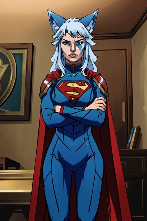 (masterpiece, best quality), intricate details,
1girl, <lora:Io:0.8> Io, IoDre, white hair, wolf ears, face paint,
arms crossed,
<lora:attire_superman:0.8> supermansuit, blue bodysuit, cape,