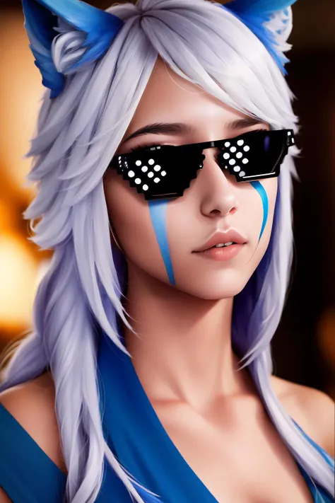 (masterpiece, best quality),  intricate details,
1girl,   <lora:Io:0.8> Io, IoDre, white hair, wolf ears, face paint, 
 <lora:DealWithIt:1> DealWithIt, sunglasses