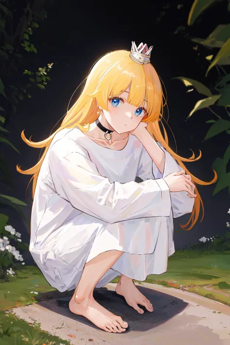 masterpiece, best quality, highres, 1girl mini crown, choker white shirt oversized shirt <lora:goumon_hime:1> squatting, head rest, barefoot