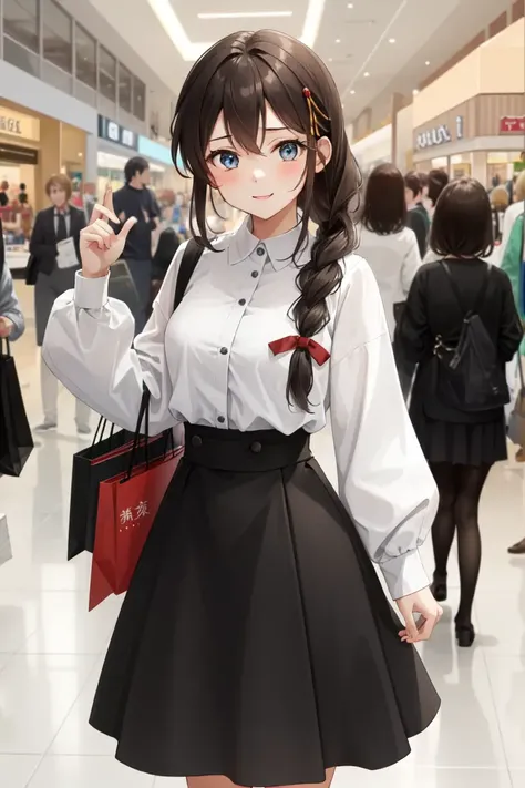 masterpiece, best quality, absurdres, perfect anatomy, 1girl, solo ShigureKancolle, long hair, single braid, hair flaps, high-waist skirt, long skirt, white skirt, black shirt, long sleeves, smile, standing, indoors, shopping mall