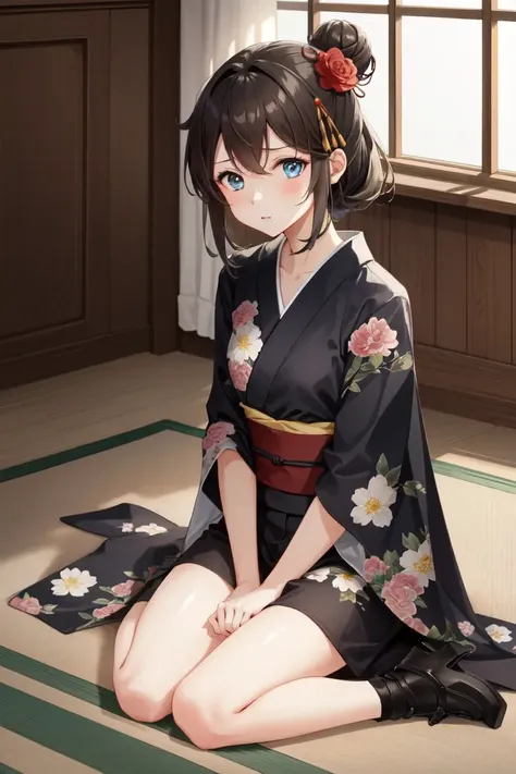 masterpiece, best quality, absurdres, perfect anatomy, 1girl, solo ShigureKancolle, hairbun, indoors, kimono, hair flower, floral print, wariza, sitting, hands on own knees