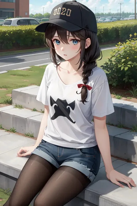 masterpiece, best quality, absurdres, perfect anatomy, 1girl, solo ShigureKancolle, long hair, single braid, hair flaps, baseball cap, graphic tee, denim shorts, pantyhose under shorts, sitting, stairs, outdoors, city