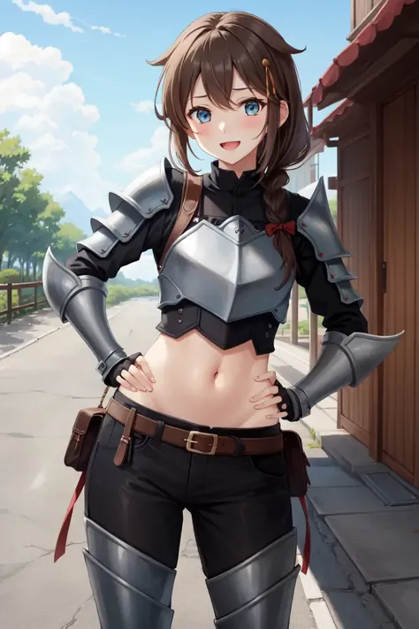 masterpiece, best quality, absurdres, perfect anatomy, 1girl, solo ShigureKancolle, long hair, single braid, hair flaps, fantasy, jewelry, leg armor, (navel cutout, armored dress:1.2), pants, smile, :d, hands on own hips, village, outdoors