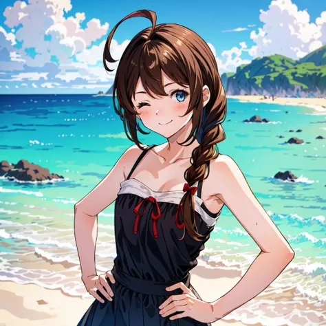 ((masterpiece, best quality)), multi-colored eyes, absurdres, 1girl, solo, ShigureKancolle, portrait, brown hair, long hair, single braid, smile, blush, ahoge, hands on own hips, one eye closed, beach background, blur background, <lora:ShigureLORA:0.9>, <lora:minaba_hideo_offset:1>