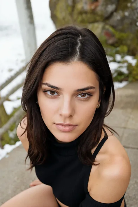 photography of kendalljenner, <lora:kendalljenner-512-512-vae-000095:0.6> , black hair, mascara makeup eyes , eyeliner, long eyelashes, dark brown eyes colors, hard light, on the stairs, from above, Snow , <lora:JPGIrlUndressingMix1:0.5>, underwear, bra, arms up, Black sweater, SITTING DOWN POSE