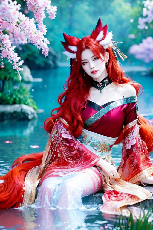 highly insanely detailed, masterpiece, top quality, best quality, highres, 4k, 8k, RAW photo, (very aesthetic, beautiful and aesthetic),
solo, red hair, sitting,
<lora:red9fox:0.8>, red9fox, fox ears, fox girl, hair ornament, jewelry, off shoulder, forehead mark, long sleeves, tail,
very long hair ,rose gold hair ,split-color hair, dual-toned hair, two-tone hair,rainbow hair, Iridescence hair ,slicked-back hair ,
(bright blue-green eyes),
pure blue background, transparent background,
(flower, falling petals, petals on liquid, petals, cherry blossom:0.8),
