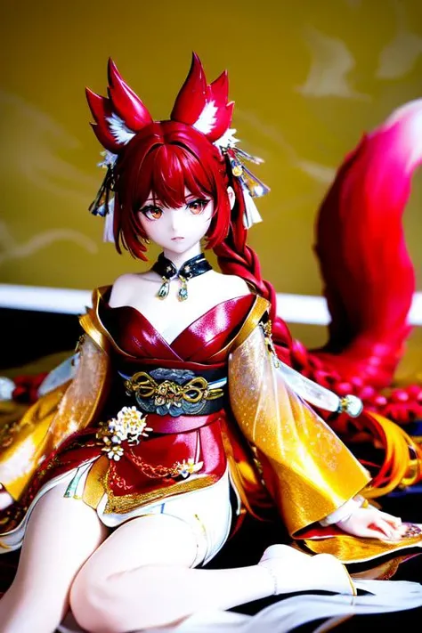highly insanely detailed, masterpiece, top quality, best quality, highres, 4k, 8k, RAW photo, (very aesthetic, beautiful and aesthetic),
solo, red hair, sitting,
<lora:red9fox:0.8>, red9fox, fox ears, fox girl, hair ornament, jewelry, off shoulder, forehead mark, long sleeves, tail,
very short hair ,mahogany hair , ,fishtail braid,dutch braid,tousled waves,asymmetrical haircut ,
(dark brown eyes),
pure yellow background, transparent background,
(flower, falling petals, petals on liquid, petals, cherry blossom:0.8),