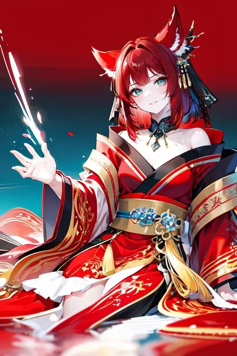 highly insanely detailed, masterpiece, top quality, best quality, highres, 4k, 8k, RAW photo, (very aesthetic, beautiful and aesthetic),
solo, red hair, sitting,
<lora:red9fox:0.8>, red9fox, fox ears, fox girl, hair ornament, jewelry, off shoulder, forehead mark, long sleeves, tail,
very short hair ,brown hair ,gradient hair ,
(bright blue-green eyes) ,extra eyes,symbol-shaped eyes,
pure red background, transparent background,
(flower, falling petals, petals on liquid, petals, cherry blossom:0.8),