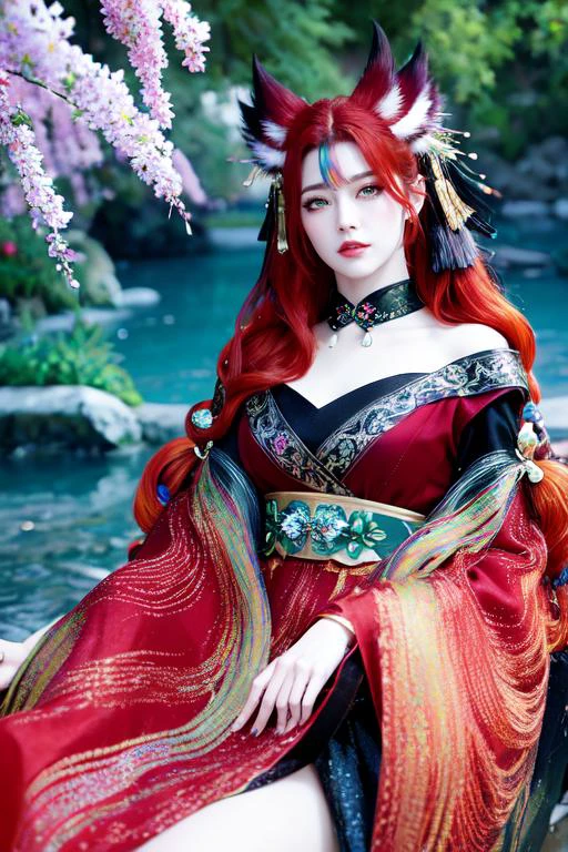 highly insanely detailed, masterpiece, top quality, best quality, highres, 4k, 8k, RAW photo, (very aesthetic, beautiful and aesthetic),
solo, red hair, sitting,
<lora:red9fox:0.8>, red9fox, fox ears, fox girl, hair ornament, jewelry, off shoulder, forehead mark, long sleeves, tail,
very long hair ,light black (soft black) hair ,multi_color_hair, multicolored hair, multi colored hair,rainbow hair, Iridescence hair ,tousled waves,long layers,fishtail braid ,
(bright blue-green eyes) ,orchid eyeshadow ,caramel eyelashes ,
pure black background, transparent background,
(flower, falling petals, petals on liquid, petals, cherry blossom:0.8),