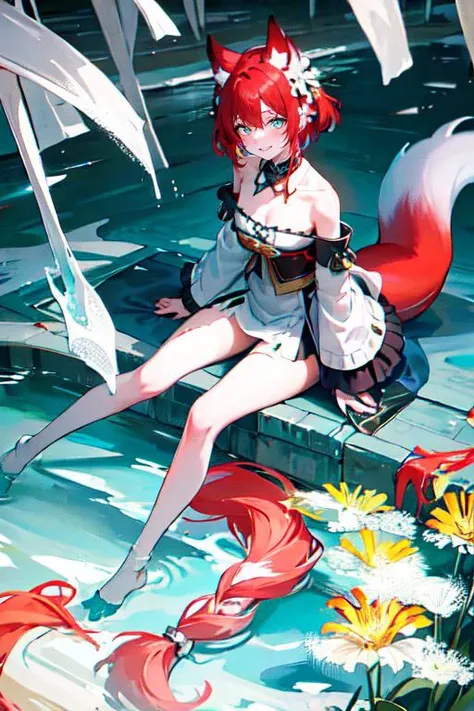 highly insanely detailed, masterpiece, top quality, best quality, highres, 4k, 8k, RAW photo, (very aesthetic, beautiful and aesthetic),
solo, red hair, sitting,
<lora:red9fox:0.8>, red9fox, fox ears, fox girl, hair ornament, jewelry, off shoulder, forehead mark, long sleeves, tail,
very short hair ,aqua hair ,colored inner hair ,blunt cut,french braid ,bioluminescent hair,ultra floating, floating hair,
(bright blue-green eyes) ,no eyes,flower-shaped pupils,
cyan background, white background ,multicolored background,gradient background,solid color, solid color background,neon color,
(flower, falling petals, petals on liquid, petals, cherry blossom:0.8),