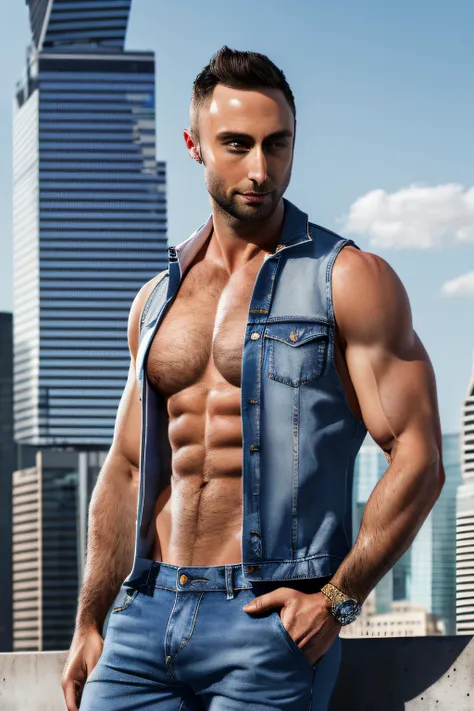 ((masterpiece)) ((high quality)) ((professional)) portrait of Mumsmns, shirtless and a vest with blue jeans  on top of a skyscraper, skyscraper in the background (digital art:1.3) masterful, two tone lighting , (absurdres),  sharp, detailed,  volumetric lighting, best quality, masterpiece, intricate details <lora:mumsmns_vng:1>
