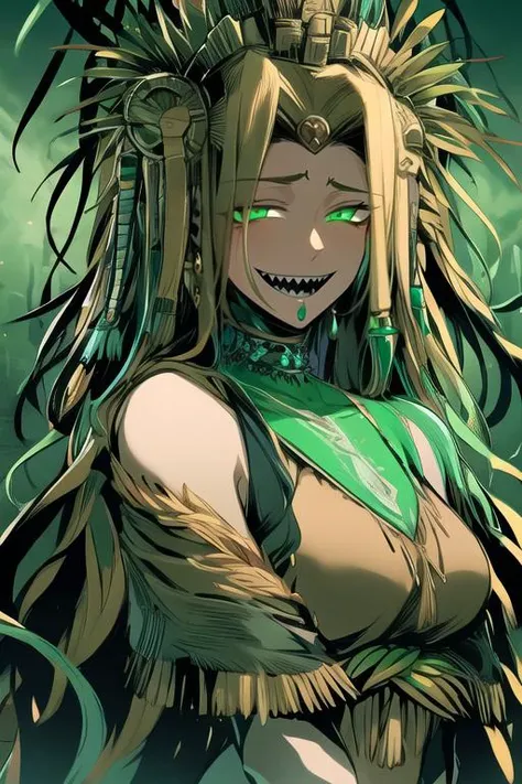 Highest quality, masterpiece, Ultra-high resolution, female、Big Breasts、alienation、Spooky face、Yellow Eyes、Skin covered in green scales、Enlarged lips、jagged teeth、long nails of green color、Crumpled textured skin、Purulent yellow fluid
