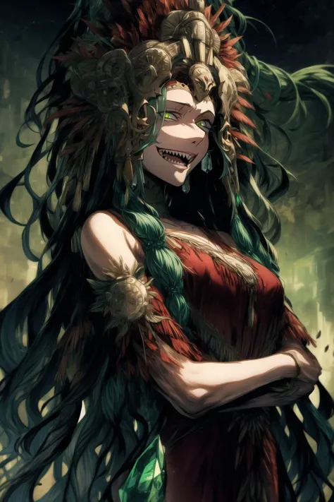 <lora:Quetzalcoatl-10:1> QuetzCas, quetzalcoatl \(fate\), arms crossed, looking at viewer, serious, open mouth, evil grin, (sharp teeth:0.8), emerald green eyes, (muscular female:1.2), gem on chin, 
nighttime, green-bue hue lighting,  <lora:antiwhite:0.4> 
(cowboy shot:1.3), full frontal, 
 <lora:EbiblueV2:0.75> <lora:add_detail:1.5>, masterpiece, high quality, highres, absurdres, perfect face, perfect anatomy, intricate, (highly detailed),