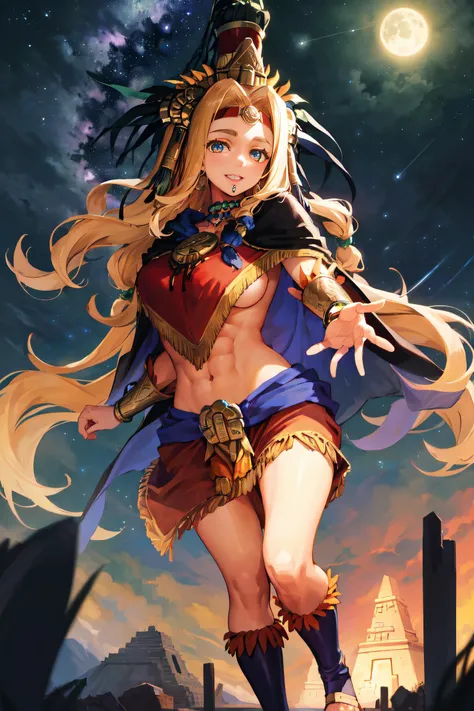 full body image, aztec architecture, piedra del sol, aztec pyramid, night, starry sky, milkyway, comets, moon, <lora:Quetzalcoatl-10:1>, QuetzCas, 1girl, solo, long hair, looking at viewer, smile, blonde hair, hair ornament, navel, holding, jewelry, medium breasts, midriff, underboob, headband, feathers, headdress, bracer, cape, inviting embrace, abs, (masterpiece:1.0), (best quality:1.0), extremely delicate and beautiful, (beautiful detailed face:1.0), (detailed deep eyes), Volumetric Lighting, (Highest Quality, Amazing Details:1.25)(hiresfix:1) absurdres <lyco:GoodHands-beta2:.8>