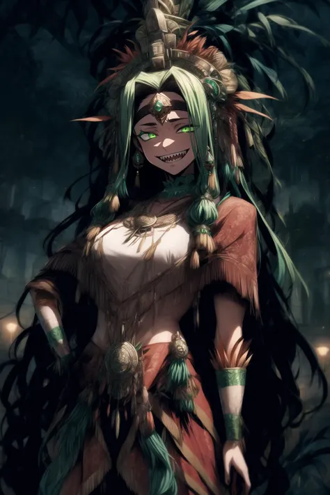 <lora:Quetzalcoatl-10:1> QuetzCas, quetzalcoatl \(fate\), arms crossed, looking at viewer, serious, open mouth, evil grin, (sharp teeth:0.8), emerald green eyes, (muscular female:1.2), gem on chin,
nighttime, green-bue hue lighting, <lora:antiwhite:0.4>
(cowboy shot:1.3), full frontal,
<lora:EbiblueV2:0.75> <lora:add_detail:1.5>, masterpiece, high quality, highres, absurdres, perfect face, perfect anatomy, intricate, (highly detailed),
