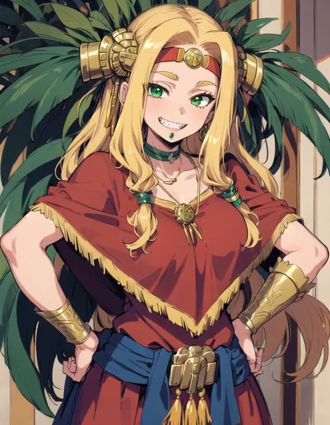 masterpiece, best quality, QuetzCas, 1girl, solo, long hair, looking at viewer, smile, blonde hair, hair ornament, jewelry, green eyes, choker, necklace, green eyes, choker, necklace,bracer, neck ring, poncho,headband, hand on hip, sharp teeth, clenched teeth,