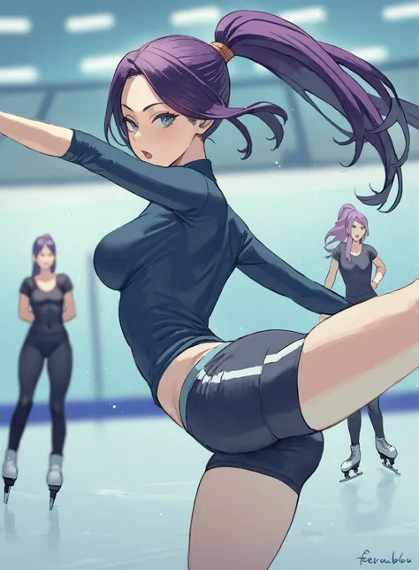 1girl, mature female, ass, black shirt, sports shorts, blue eyes, blurry background, depth of field, figure skating, high kick, ice skates, ice skating, kicking, long hair, looking at viewer, medium breasts, open mouth, outstretched arms, parted bangs, ponytail, purple hair, shirt, skates, skating, skating rink, foreshortening, solo, zefrableu