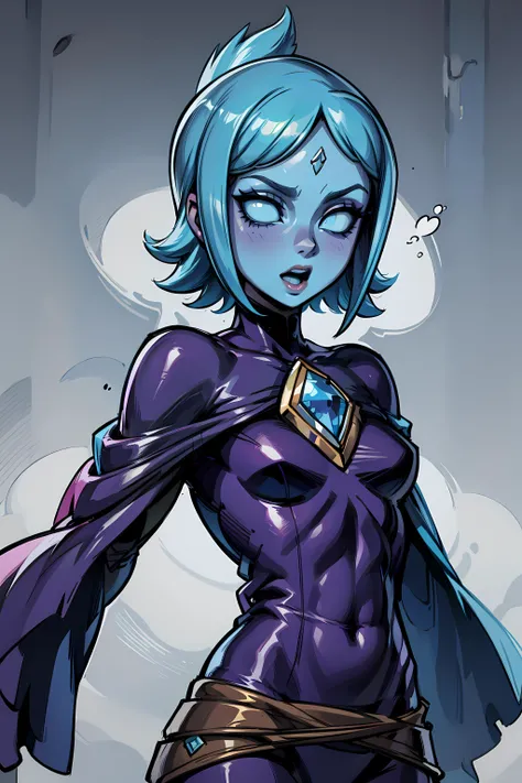 ((((sfw)))), <lora:FiSS4:0.9> blue eyes, blank eyes, no pupils, colored skin, blue skin, blue hair, body jewel, forehead jewel, dark basement, duck tape over mouth, scared,