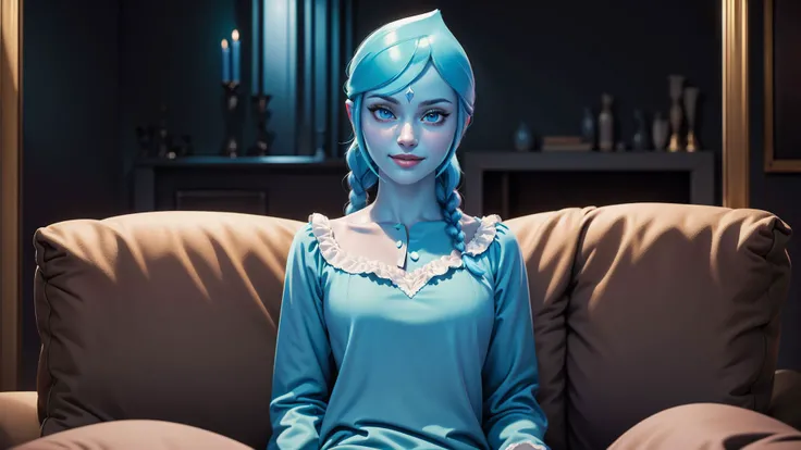 (masterpiece:1.4),(best qualit:1.4),(high resolution:1.4),nightgown,sitting,single braid,(looking at viewer:1.1),(night:1.2),couch,fireplace,smile,1girl,solo,solo focus,<lora:FiSS4:1>,blue eyes,blank eyes,no pupils,colored skin,blue skin,blue hair,body jewel,forehead jewel,