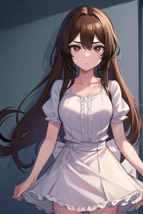 alone, One girl, View your viewers, sketch, Flat Color, 2D, anime, anime coloring, Brown Hair, long hair, ponytail, cowboy shot, (Pure white lace camisole, Pure white lace panties)), Crying face, large breast, back view