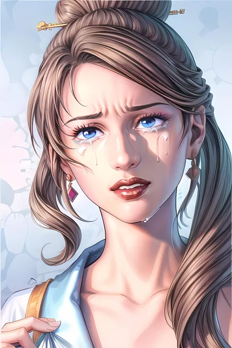 woman, ((Masterpiece, best quality)), detailed skin, highly detailed, cinematic lighting, ultra realistic, blush, looking at viewer, jane porter, jane from tarzan, disney, brown hair, blue eyes, long hair, portrait, kneeling, big breasts, cleavage, cum on face, open mouth, wild scenery