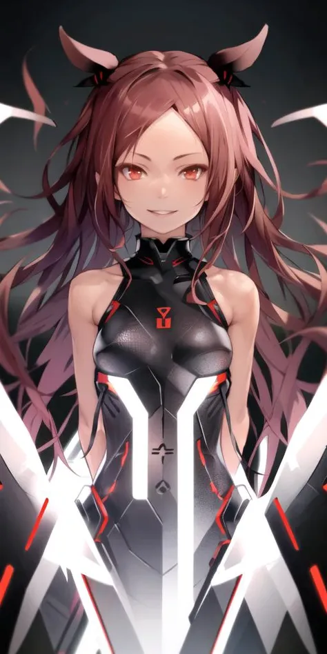 kouka (beatless), 1girl, android, bare shoulders,collarbone, fingernails, glowing,long hair, parted lips, red eyes,smile, solo,red hair, bodysuit,upper body, looking at viewer, arms behind back,  <lora:red_loha_v1e:0.7>