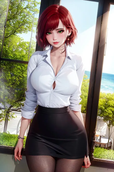 masterpiece, (ultra detailed background, delicate pattern, intricate detail), (highly detailed, fine details), best quality, beautiful lighting, Nancy, 1girl, solo, green eys, lips, red hair, medium breasts, short hair, white collared shirt, skirt, pantyhose, zettai ryouiki, fishnet thighs, pencil skirt, (complex detailed background, inside, office environment, windows, tables), (cowboy shot), <lora:Nancy:0.6>