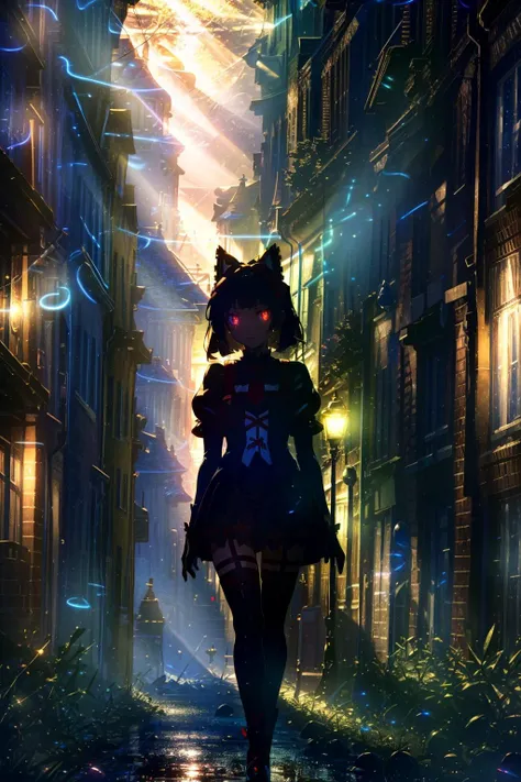 <lora:rorymercurytest-clean:0.9> rory mercury, black hair, blunt bangs, hime cut, hair ornament, lipstick, long hair, makeup, (small chest:1.2), (red glowing eyes:1.4), black gloves, black thighhighs, garter straps, gloves, gothic, hair bow, gothic fashion, puffy short sleeves, puffy sleeves, short sleeves, thighhighs, walking((dark street, houses lining the street, fantasy, light from windows, masterpiece, high res, detailed)), ray tracing, Volumatic light, night, 1girl, solo, castle in the background, (eerie atmosphere)