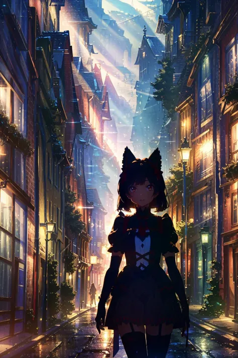 <lora:rorymercurytest-clean:0.8> rory mercury, black hair, blunt bangs, hime cut, hair ornament, lipstick, long hair, makeup, (small chest:1.2), (red eyes:1.5), black gloves, black thighhighs, garter straps, gloves, gothic, hair bow, gothic fashion, puffy short sleeves, puffy sleeves, short sleeves, thighhighs, walking((dark street, houses lining the street, fantasy, light from windows, masterpiece, high res, detailed)), ray tracing, Volumatic light, night,