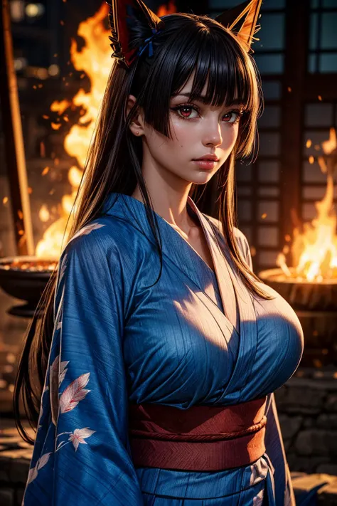 Masterpiece, Best quality,Samurai of Japan，1 female, Black hair with high ponytail, Bright eyes, heroic look, full body,  Wear a Japanese katana, Japanese samurai costumes and ninja costumes are yellow, Black, yellow and red，splendid，Facial details, The face is delicate, large bust, deep cleavage, shoulderless, a view from the side