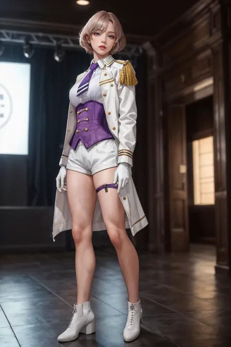 highres,absurdres,masterpiece,best quality,original,extremely detailed CG,extremely detailed wallpaper,perfect lighting,jitome,lips,makeup,standing on the stage,blurry background,
<lora:ssssdynazenon_mujina:0.7>,mujina,white jacket,military jacket,underbust,necktie,corset,white gloves,purple shorts,