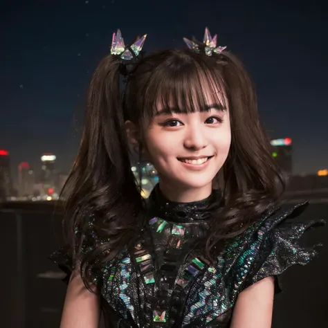 1girl,masterpiece, photorealistic, detailed, RAW color photo,(fully in frame:1.1),<lora:mo4kikuv4:0.95> young,idol, cute, twintails,black outfit, buildings around ,night, lamps,subtle smile