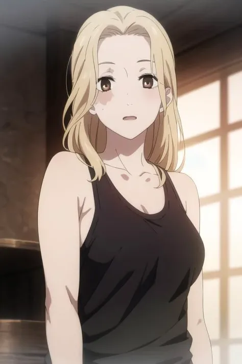 masterpiece, best quality, high quality, 1girl, solo, looking at viewer, upper body, <lora:yui:0.70>, yui, long hair, blonde hair, brown eyes, , tank top