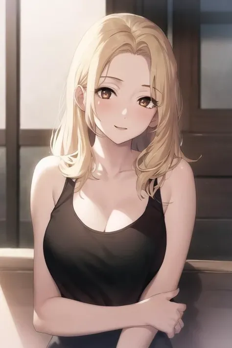 masterpiece, best quality, high quality, 1girl, solo, looking at viewer, upper body, <lora:yui:0.60>, yui, long hair, blonde hair, brown eyes, , tank top