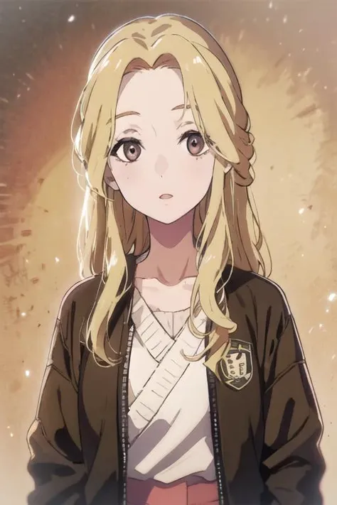 masterpiece, best quality, high quality, 1girl, solo, looking at viewer, upper body, <lora:yui:0.52>, yui, long hair, blonde hair, brown eyes, , jacket