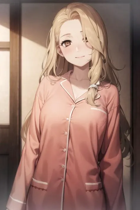 masterpiece, best quality, high quality, 1girl, solo, looking at viewer, upper body, <lora:yui:0.66>, yui, long hair, blonde hair, brown eyes, , pajamas