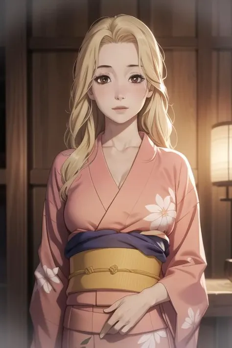 masterpiece, best quality, high quality, 1girl, solo, looking at viewer, upper body, <lora:yui:0.64>, yui, long hair, blonde hair, brown eyes, realistic, yukata