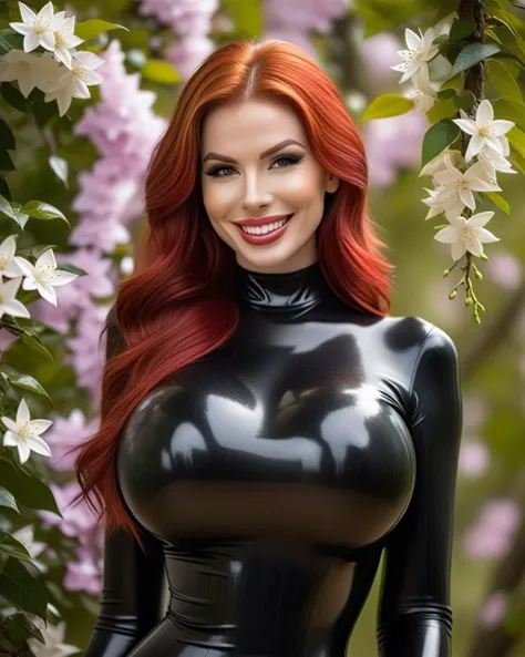 masterpiece, best quality, daylight, gorgeous pale american cute woman, slim, petite, smiling, black latex suit, latex gloves, red hair loose hair, lean against a tree, (path to bright field of calendula flowers), smiling, detailed skin, elegant, alluring, attractive, amazing photograph, masterpiece, best quality, 8K, high quality, photorealistic, realism, art photography, Nikon D850, 16k, sharp focus, masterpiece, breathtaking, atmospheric perspective, diffusion, pore correlation, skin imperfections, DSLR, 80mm Sigma f2, depth of field, intricate natural lighting, looking at camara