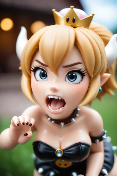 cute creature, female, bowsette, growling, big eyes, [black fingernails:0.5], freckles, photorealism, cinematic photo flyweight, 35mm photograph, tilt shift, film, bokeh, professional, 4k, highly detailed, <lora:bowsette_xl_v1:1>