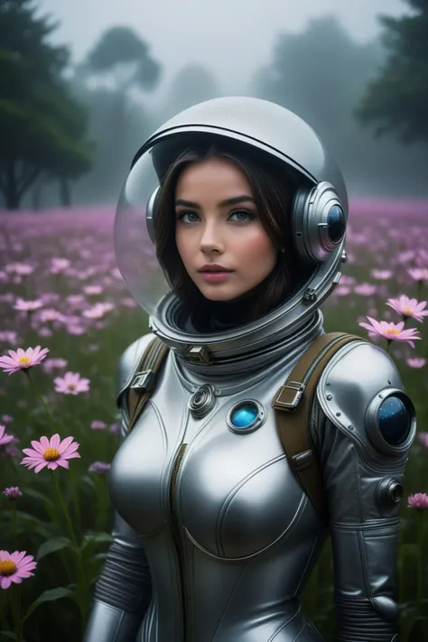 photo of beautiful girl, wearing retro space suit, looking at viewer:, in a dark foggy rainy misty alien flowers flowerfield, detailed pupils, extremely detailed CG unity 8k wallpaper, photo of the most beautiful artwork in the world, professional majestic photography by Steve McCurry, 8k uhd, dslr, soft lighting, high quality, film_grain, big breasts, bokeh, blurry foreground, blurry background, Fujifilm XT3 sharp focus, f 5.6, High Detail, Sharp focus, dramatic, interstellar, film grain, Surrealism, Dreamy dim daylight, Minimalism, emptiness, spaciousness, faint accent lights, daylight