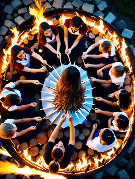 UHD, 4k, ultra detailed, cinematic, a photograph of masterpiece, best quality, (girls), gathering, Overhead Shot , Bonfire, epic, beautiful lighting, inpsiring