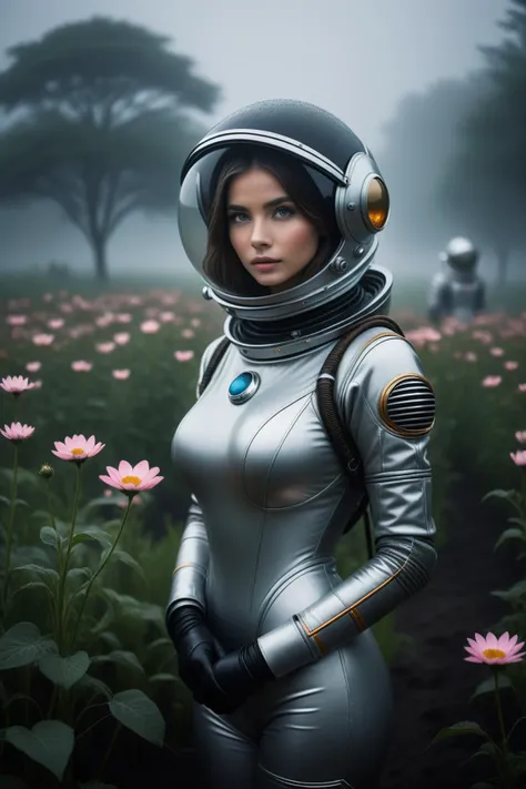 photo of beautiful girl, wearing retro space suit, looking at viewer:, in a dark foggy rainy misty alien flowerfield, detailed pupils, extremely detailed CG unity 8k wallpaper, photo of the most beautiful artwork in the world, professional majestic photography by Steve McCurry, 8k uhd, dslr, soft lighting, high quality, film_grain, big breasts, bokeh, blurry foreground, blurry background, Fujifilm XT3 sharp focus, f 5.6, High Detail, Sharp focus, dramatic, interstellar, film grain, Surrealism, Dreamy dim daylight, Minimalism, emptiness, spaciousness, faint accent lights, horror photography, misty and foggy atmosphere