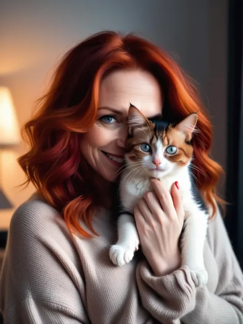 moody instagram photo, closeup face photo of 42 years old woman, dressed in comfy oversized sweater, dirty fiery red hair, color gradient, bright tips of hair, fair pale skin, happy, cute smile, cuddling with her kitten, grumpy cat, soft fur, beautiful hazelnut eyes, hard shadows, dark, nighttime, overexposed filter
