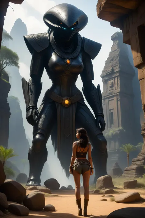 an old ancient ruin with a huge black alien stone monolith against which a woman stands leaning in adventurer outfit, female indiana jones, extremely detailed CG unity 8k wallpaper, photo of the most beautiful artwork in the world, professional majestic photography by Steve McCurry, 8k uhd, dslr, soft lighting, high quality, film_grain, big breasts, bokeh, blurry foreground, blurry background, Fujifilm XT3 sharp focus, f 5.6, High Detail, Sharp focus, dramatic, interstellar, film grain, Surrealism, Dreamy dim daylight, Minimalism, emptiness, spaciousness, faint accent lights, daylight